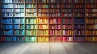 Rainbow colored library interior with wooden floor and tall bookshelves filled with books illuminated by colorful light creating spectrum effect from blue to red.