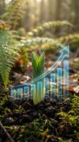 Young seedling sprouting from forest soil with holographic growth chart and upward arrow overlay, symbolizing business expansion, sustainable development, and financial growth in nature-based enterprises.