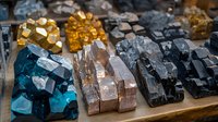 Colorful mineral crystal clusters on wooden surface, featuring turquoise blue, golden yellow, and black specimens arranged in rows, showcasing natural geometric formations.