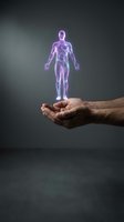 Holographic human figure floating above cupped hands showing futuristic healthcare technology and digital medicine innovation concept.