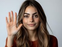 Young woman with long brown hair and natural makeup showing friendly hello gesture, wearing burgundy top against light background. Positive genuine smile.