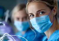 Young female medical professional wearing surgical mask and scrubs looking directly at camera with determined expression during healthcare procedure.