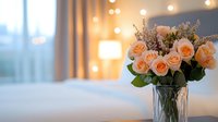 Peach roses in crystal vase with soft bokeh lights creating romantic atmosphere. Fresh floral arrangement on bedroom table with blurred cozy interior background.