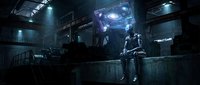 Futuristic astronaut in spacesuit sits contemplatively in dark sci-fi spaceship interior with glowing holographic displays and atmospheric lighting.