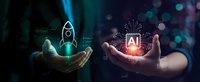 Business professional hands presenting rocket launch and artificial intelligence chip symbols representing innovation startup growth and technology advancement.