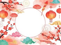 Chinese New Year celebration frame with cherry blossoms, red lanterns, traditional clouds and decorative elements on white background for festive design.