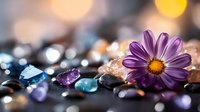 Purple daisy flower with colorful healing crystals and stones on dark background with soft bokeh lights, wellness and spiritual harmony concept.