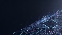 Futuristic circuit board with glowing blue pathways and microchip on dark background for technology and electronics design projects.