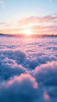 Magical winter sunrise over fresh snow with sparkling bokeh effect and soft pink sky, creating dreamy atmosphere for seasonal backgrounds and holiday designs.