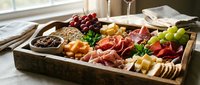 Gourmet charcuterie board with assorted meats, cheeses, grapes, nuts and crackers arranged on rustic wooden tray for entertaining and appetizers.