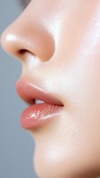 Close-up profile view of glossy coral pink lips and nose with smooth flawless skin texture showing natural beauty and cosmetic detail for beauty industry use.