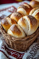 Fresh baked pretzel rolls with salt sprinkled on top arranged in wicker basket on traditional embroidered cloth, close up view showing golden brown crust.