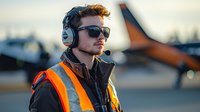 Young male aviation worker in safety vest and headphones standing at airport runway during sunset, aircraft tail visible in background. Professional airport operations.