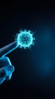 Digital virus particle with glowing circuit patterns held by human finger on dark blue background for technology and cybersecurity concepts.