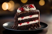 Slice of dark chocolate layer cake with cream filling and fresh cherries on black plate against blurred bokeh background, garnished with chocolate shavings.