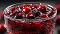 Homemade cranberry sauce with whole berries in glass bowl for Thanksgiving dinner and holiday cooking recipes.