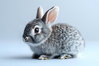 Adorable gray baby rabbit with spotted fur pattern sits calmly against light background, showcasing soft texture and gentle expression. Great for pet and animal themes.