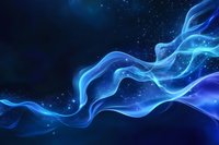 Ethereal blue smoke waves flow across dark background with glowing particles and purple accents creating mystical atmospheric effect for abstract designs.