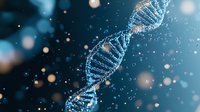 Glowing DNA strand helix structure on dark blue background with bokeh light effects and particles, molecular biology and genetic research concept.