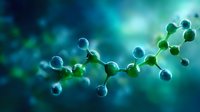 Molecular structure visualization in green and blue colors against blurred background shows chemical compound model for science and research purposes.