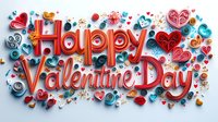 Festive paper art composition with Happy Valentine's Day text in red and pink, decorated with quilled hearts, swirls, and dots on light background.