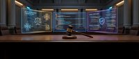 Digital courtroom with holographic legal displays and gavel on wooden desk for modern justice technology concepts and legal innovation presentations.