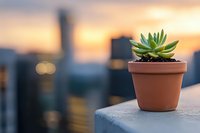 Small succulent plant in terracotta pot on urban rooftop ledge against blurred city skyline and warm sunset sky with bokeh lights in background.