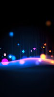Glowing colorful orbs and light streaks float above curved neon wave against dark background, creating magical abstract atmosphere for modern design projects.