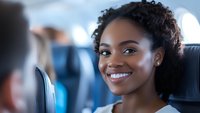 Young African American woman with natural curly hair smiling warmly while sitting in airplane cabin, wearing white top, expressing joy and confidence during travel.