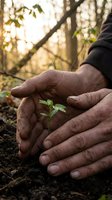 Protective hands cupping small green seedling in forest soil during golden hour light for environmental conservation and growth concepts.