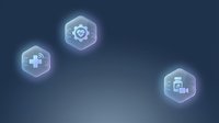 Medical healthcare technology hexagonal icons floating on dark blue gradient background with glowing effects for digital health applications.