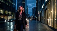 Professional businesswoman walking confidently through urban city street at dusk with illuminated skyscrapers and modern architecture in background.