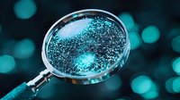 Magnifying glass revealing glowing network connections on dark background with turquoise bokeh lights, representing digital investigation and data analysis.