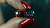 Female hand with red manicure holding decorative pill capsule with "love" inscription and red beads inside against dark background.