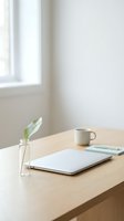 Minimalist home office desk with laptop, green plant in glass vase, coffee mug, and notepad in soft natural light.