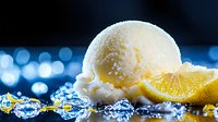 Refreshing lemon sorbet scoop with fresh citrus slice on dark background with water drops and bokeh lights, cold summer dessert macro photography.