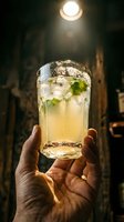 Bartender hand holding a chilled mojito cocktail with mint and ice in a glass, glowing under warm bar light in a dark setting.
