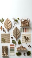 Natural wooden craft elements with leaves and moss arranged on white background for eco-friendly design projects and sustainable home decor inspiration.