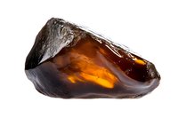 Raw amber stone with glowing orange translucent areas isolated on white background, natural mineral specimen showing internal structure and light play.