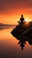 Woman meditating in lotus position on rock at sunrise by lake, silhouetted against golden sky, reflecting in calm water for wellness and mindfulness concepts.