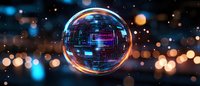 Glowing digital sphere with circuit patterns floating against blurred bokeh lights background, futuristic technology concept for digital transformation and AI advancement.