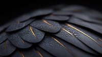 Dramatic close-up of dark feathers with water droplets and golden highlights creating abstract pattern and texture, natural macro photography background.