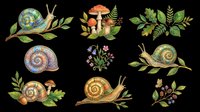 Watercolor snails clipart set with mushrooms, leaves, and berries, isolated on transparent background. Great for stickers, t-shirt design, print on demand, and sublimation.
