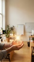 Hands holding glowing light orb in modern office workspace with plants and natural window light, symbolizing innovation and creative ideas.