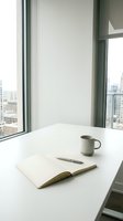 Minimalist workspace with open notebook, pen, and ceramic mug on white desk beside floor-to-ceiling windows overlooking cityscape. Perfect for business, creativity, and office design projects.