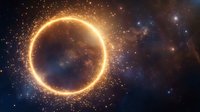 Glowing golden ring portal in deep space with sparkling particles and cosmic nebula background for sci-fi fantasy designs.