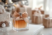 Elegant perfume bottle with peach silk bow against festive holiday background with wrapped gifts, pine cones and bokeh lights creating luxury atmosphere.