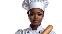 Young African American female chef in white uniform and hat holding wooden rolling pin, confident professional smile against light background.