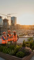 Construction workers in safety vests and hard hats survey urban development site at sunset. Team of three professionals, mixed ethnicity, standing on rooftop with city skyline and cranes visible. Ideal for construction, engineering, and development industry projects.