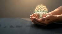 Hands cradling glowing tree of life symbol with golden light particles, representing growth, knowledge, and spiritual wellness for wellness and personal development concepts.